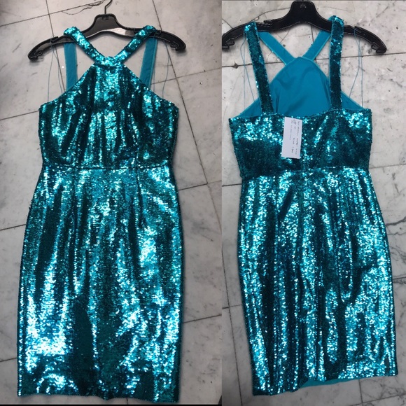 Aidan Mattox Teal Halter Sequin Dress - Picture 5 of 5